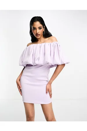 True Violet Bardot mini dress with ruffle detail in lavender