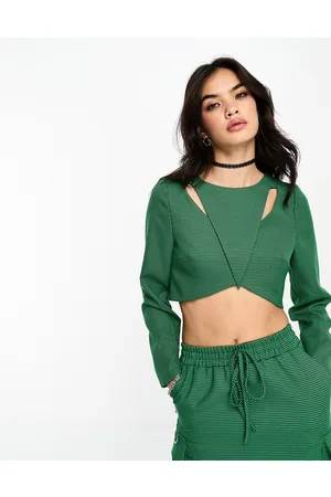 Extro & Vert Long sleeve overlay crop top in green check co-ord