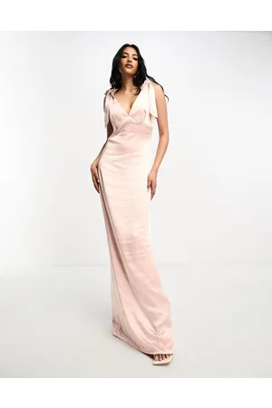 Pretty Lavish Bridesmaid Piper tie shoulder satin maxi dress in blush