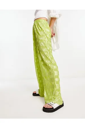 Urban Threads Satin plisse wide leg trousers co-ord in lime