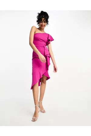 True Violet One shoulder ruffle midi dress in fuchsia
