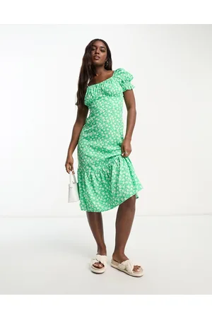 Influence Corset detail midi dress in green floral print