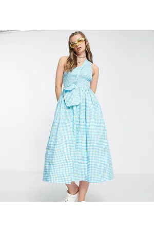 COLLUSION One shoulder shirred gingham summer midi dress with embroidery in