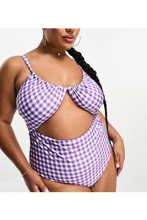 ASOS ASOS DESIGN Curve ruched cut out swimsuit in purple check print