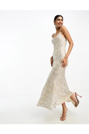 Never Fully Dressed Bridal sequin cowl neck midaxi dress in champagne