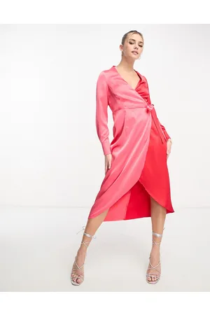 Style Cheat Colour block wrap midaxi dress in red and pink
