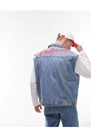 Topman Oversized sleeveless denim jacket with palermo back embroidery in
