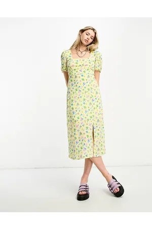 ONLY Open tie back square neck midi dress in yellow floral