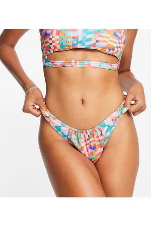 COLLUSION Warp check printed high leg bikini bottom in