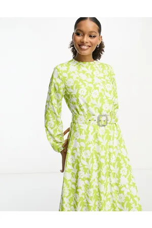 Trendyol Long sleeve belted maxi dress in sage floral