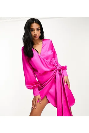 Never Fully Dressed Petite satin wrap mini dress in bright