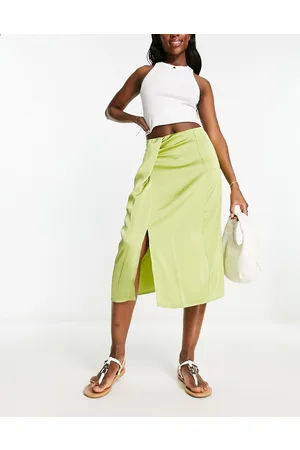 VILA Drape front satin midi skirt in