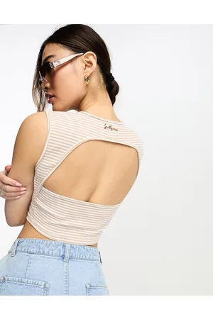 Sixth June Sleeveless open back detail ribbed knit crop top in beige