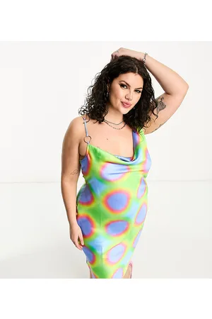 COLLUSION PLUS cowl neck metal ring detail printed maxi slip dress in