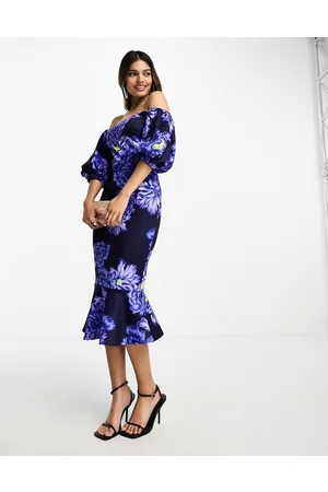 True Violet Bardot midi dress with pephem in bright floral print