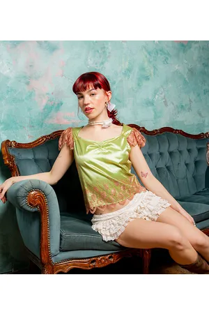 Labelrail X Lara Adkins scallop mesh embroidered leaf top in