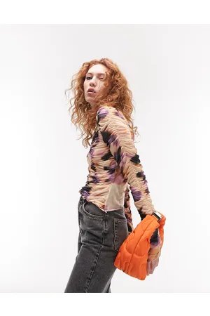 Topshop Ruched blurred floral long sleeve mesh top in multi