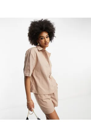 ASOS ASOS DESIGN Tall boxy shirt with linen in taupe co-ord