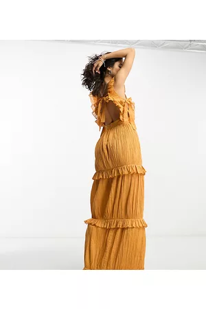 Reclaimed Shirred ruffle maxi dress in spice