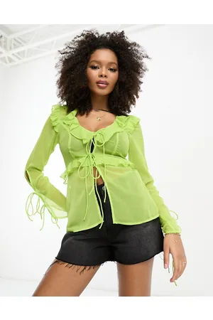 Miss Selfridge Beach chiffon tie front long sleeve blouse in washed neon lime
