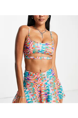 COLLUSION Warp check printed cut out bikini top in