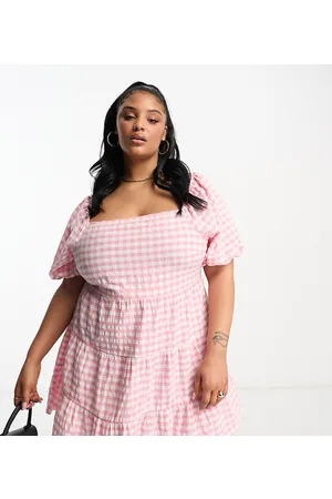 Influence Plus square neck puff sleeve beach dress in gingham