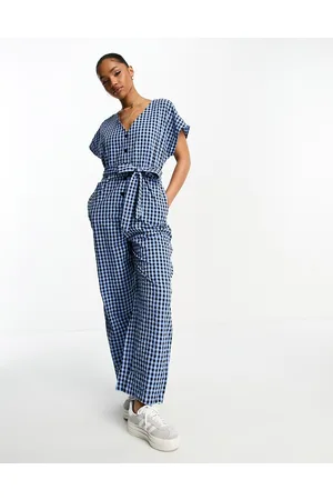 Monki Seersucker tie waist jumpsuit in blue and black gingham