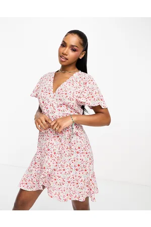 JDY Belted wrap mini dress in red and pink floral