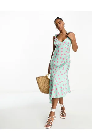 New Look Tie shoulder midi dress in and pink polka dot