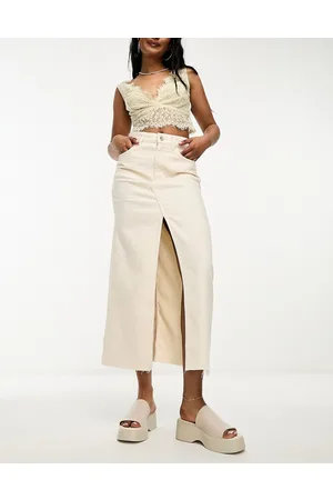 Pull&Bear Denim midi skirt in ecru
