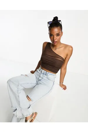 Pull&Bear Mesh detail one shoulder crop top in