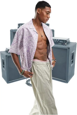 ASOS Boxy oversized revere linen mix shirt in lilac print