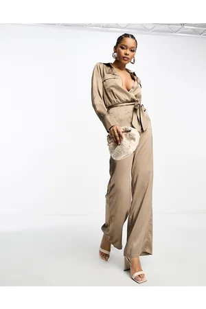 Pretty Lavish Satin tie waist utility jumpsuit in mocha