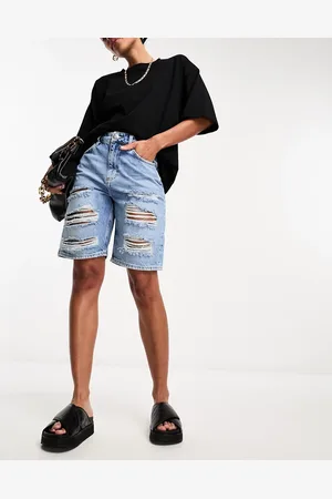 River Island Baggy ripped denim shorts in medium denim