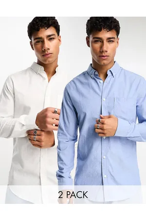 Only & Sons 2 pack oxford shirt in white & blue