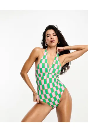 VERO MODA Halterneck swimsuit in green and pink checkerboard