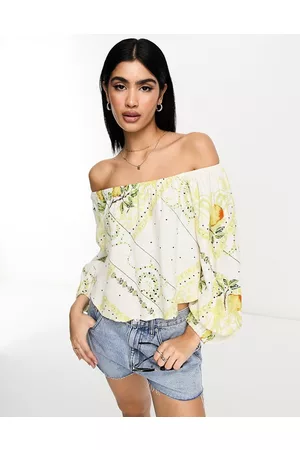 ASOS Linen off shoulder festival top in mixed fruit print
