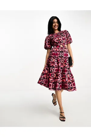 French Connection Puff sleeve midi dress with ring detail cut out in pink and geo print