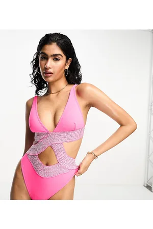 River Island Elastic wrap detail plunge swimsuit in bright
