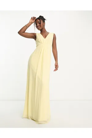 TFNC Bridesmaid v neck chiffon maxi dress in lemon