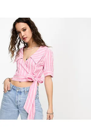 Reclaimed Inspired short sleeve wrap blouse with statement collar in stripe