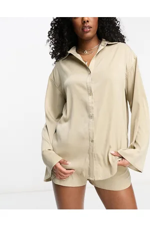 4th & Reckless Satin beach shirt co-ord in beige
