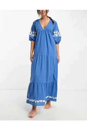 Accessorize Maxi embroided beach summer dress in cobalt
