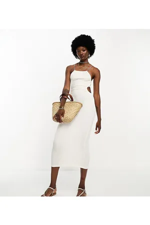 JDY Exclusive halterneck cut out side linen look midi dress in