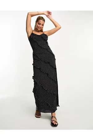In The Style Ruffle detail cami maxi dress in black spot print