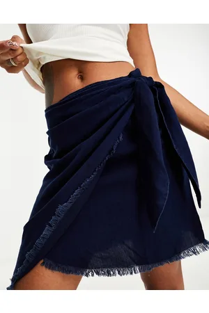 MANGO Tie detail distressed hem mini skirt in denim