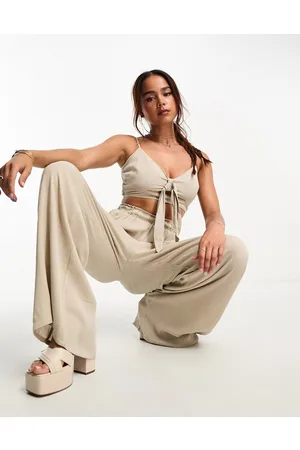 Style Cheat Crinkle tie front crop top co-ord in beige
