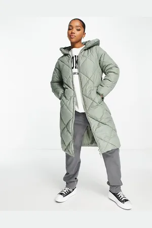 New Look Longline diamond quilted padded coat in light khaki