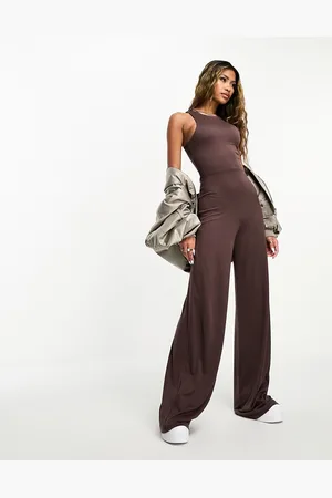 ASOS Soft touch racer neck jumpsuit with wide leg in chocolate
