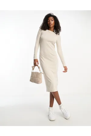 VERO MODA Ribbed long sleeve midi dress in cream